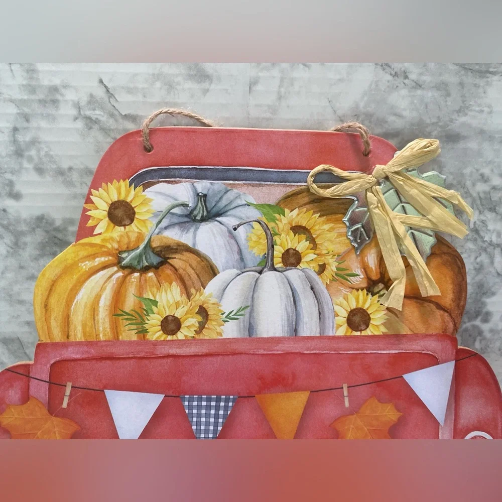 NWT Happy Harvest Classic Red Truck with Pumpkins in the Bed Hanging Sign